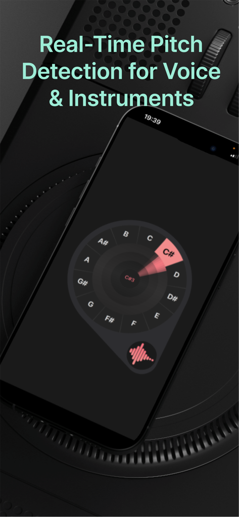Pitch: Vocal Pitch Monitor - Smartphone displaying the real time pitch wheel interface of the Pitch Vocal Pitch Monitor app.