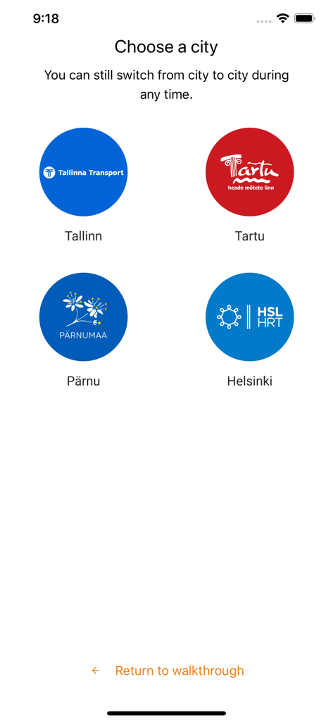 Pilet.ee - City selection screen in the Pilet.ee app for public transit in Tallinn Tartu Pärnu and Helsinki