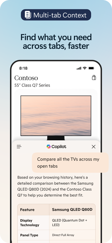 Microsoft Edge Copilot AI feature comparing product details from multiple open browser tabs in a table