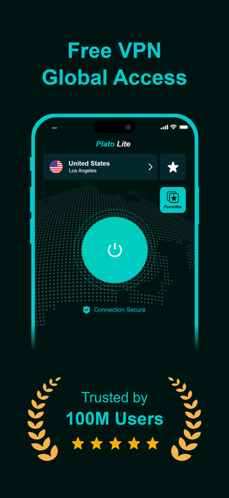 Plato VPN app interface showing a secure connection to a United States server with 100 million trusted users