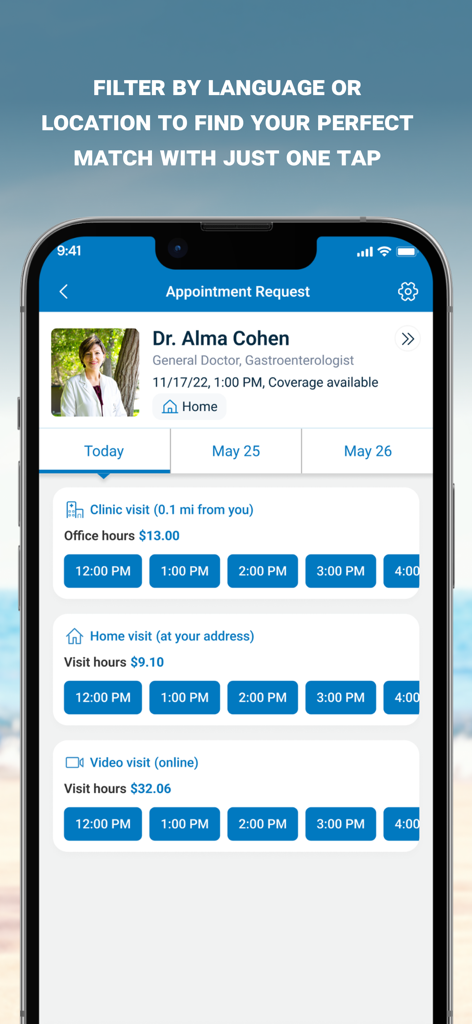 Air Doctor - Capture d'écran de l'interface de l'application Air Doctor pour la planification de rendez-vous médicaux en clinique, à domicile ou par vidéo.