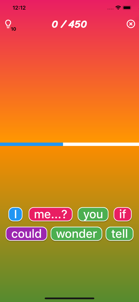 Mobile game interface showing colorful word buttons to unscramble an English sentence