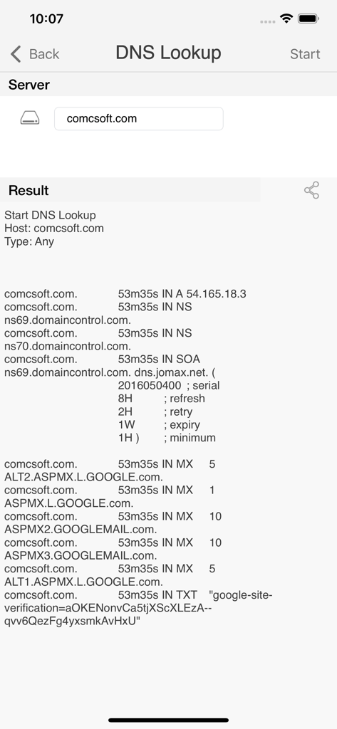 iNetTools - Pro - Screenshot of the DNS Lookup interface in iNetTools Pro showing various server records for a domain name.
