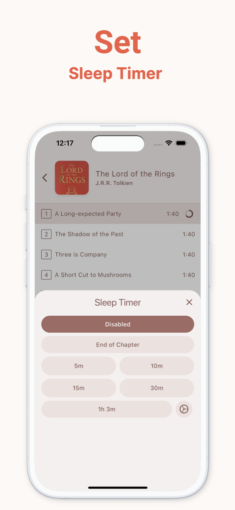 BookPlayer app interface showing sleep timer options for an audiobook