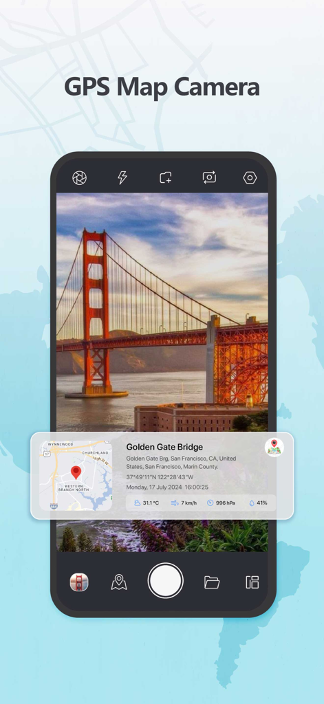 GPS Map Camera - Photo Stamp - GPS Map Camera app interface displaying a photo of the Golden Gate Bridge with an integrated location and timestamp overlay