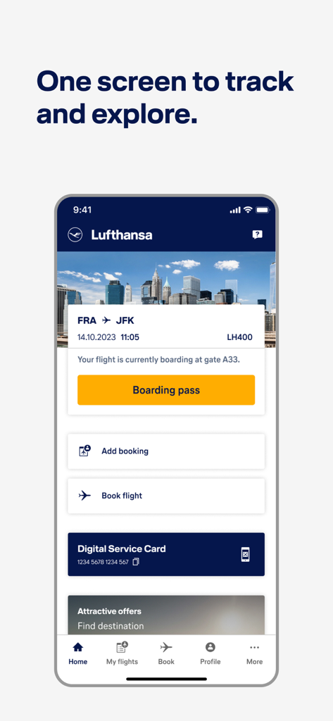 Lufthansa mobile app dashboard showing flight status for Frankfurt to New York and a boarding pass button