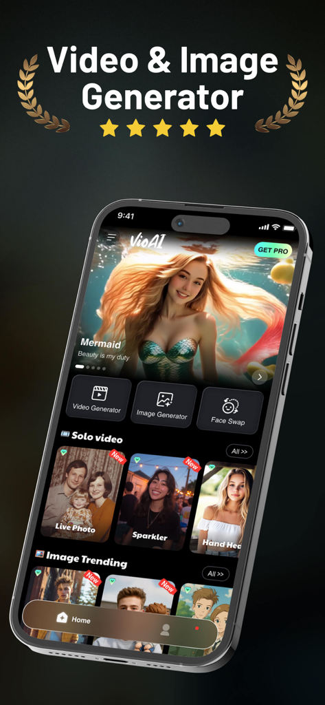 The VioAI mobile app home screen showing AI video and image generation features including face swap and creative templates