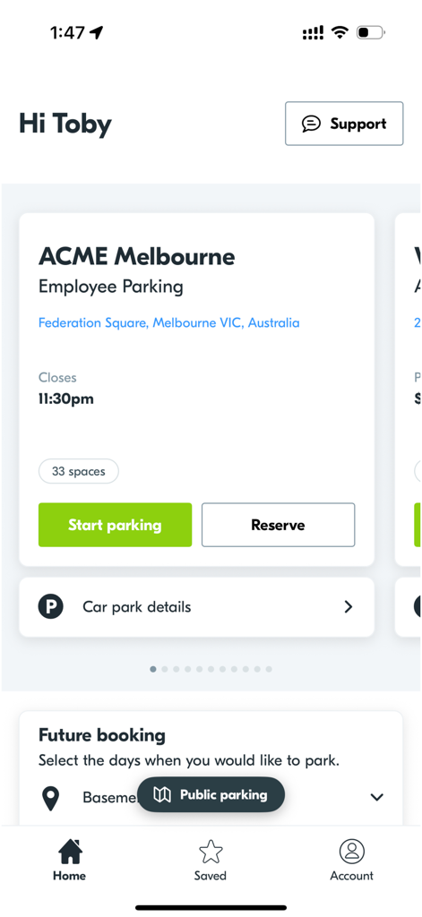 The Parkable app home screen showing employee parking options for ACME Melbourne with buttons to start parking or reserve a space