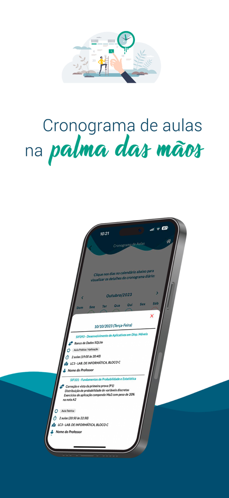 Schoolnet Aluno - Interface do aplicativo Schoolnet Aluno exibindo a grade diária de aulas de um estudante com nomes de cursos e locais das salas.