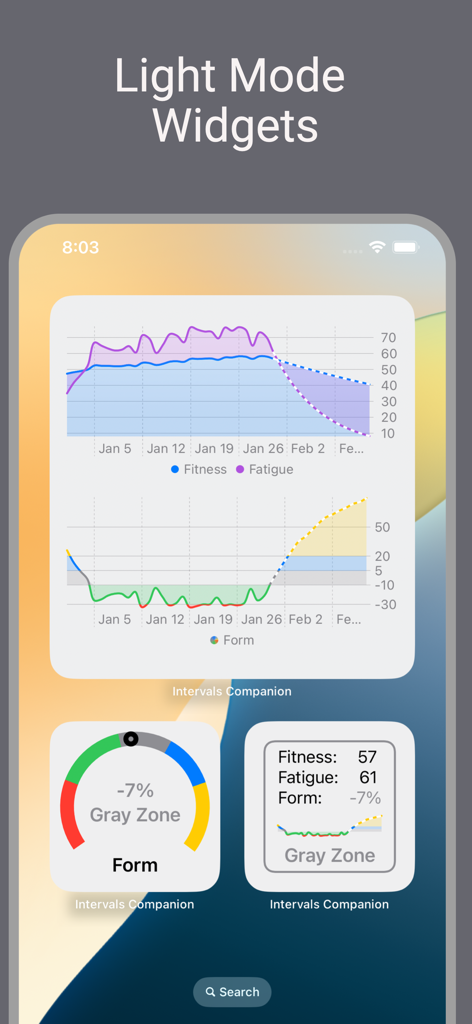 Pantalla de inicio de iPhone que muestra widgets en modo claro de Intervals.icu Companion con gráficos de datos de condición física, fatiga y forma