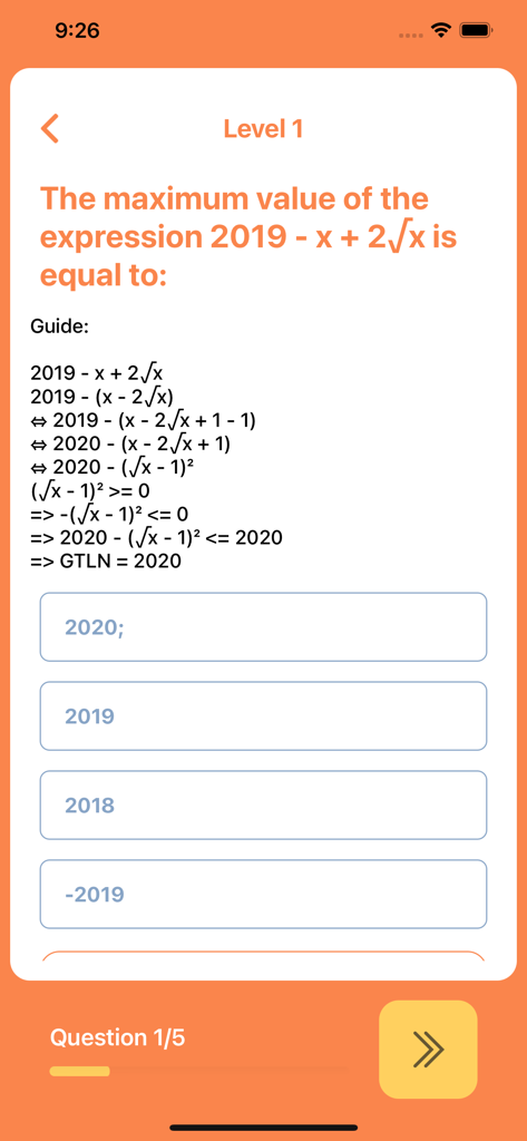 Interface of the Algebra Practice app showing a math problem with a detailed step-by-step solution guide and multiple-choice options