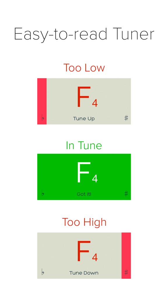 insTuner Free - Chromatic Tuner - Visual interface of the insTuner app demonstrating too low in tune and too high tuning states for a musical note