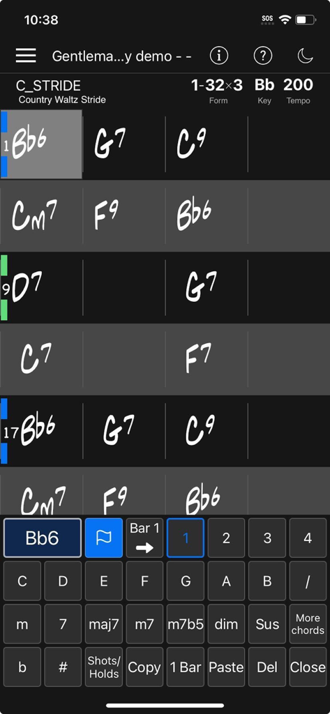 Chord entry screen in Band-in-a-Box app showing a grid of musical chords and a specialized input keyboard for songwriters.