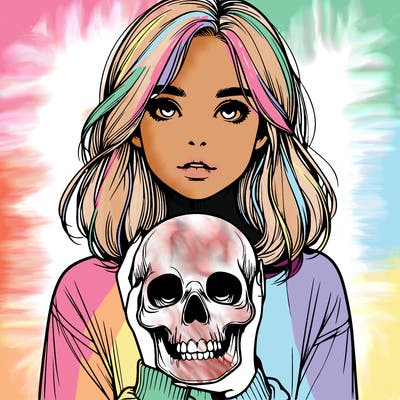 realistic girl holding a skull