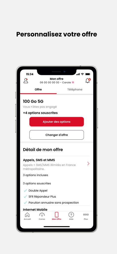 SFR & Moi - Screenshot of the SFR & Moi app interface for managing and customizing mobile plan options