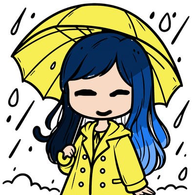 a faceless girl in a raincoat standing in the rain holding an umbrella