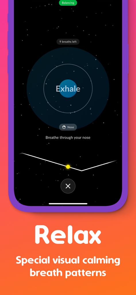 Vibrator Zen Strong Vibration - Pantalla de ejercicio de respiración guiada en la aplicación Vibrador Zen con patrones visuales relajantes