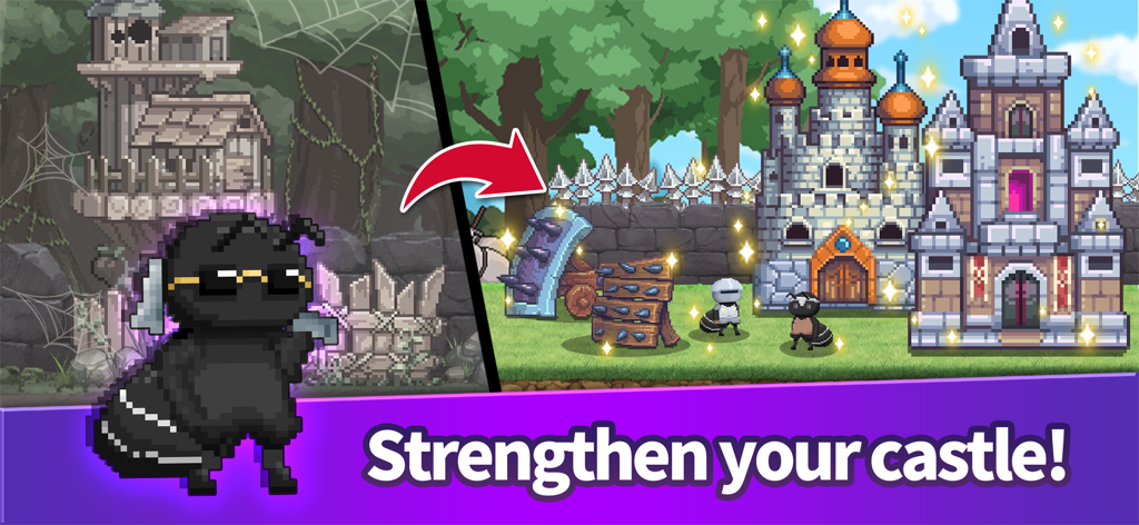 Ant Hero : Defense Idle RPG - Pixel art ant hero standing in front of a large upgraded castle with the text strengthen your castle