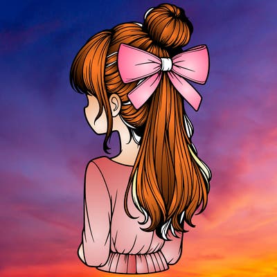 realistic girl  with hip length hair a bun and a big bow on the back of head