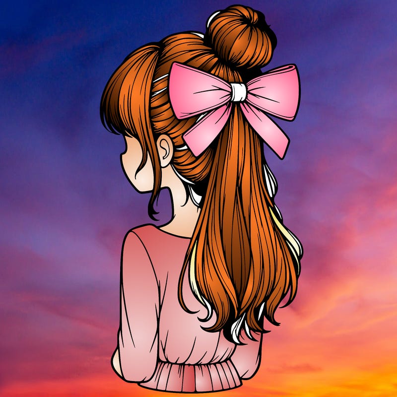 realistic girl  with hip length hair a bun and a big bow on the back of head