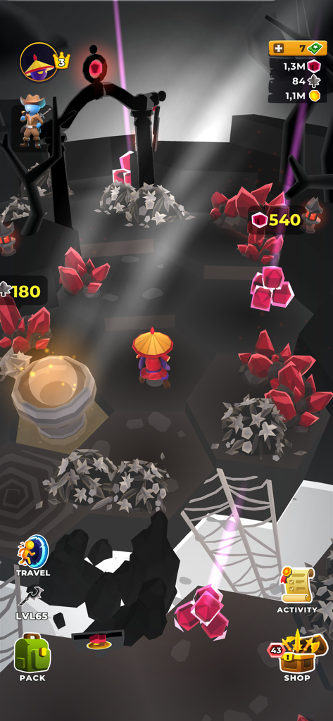 My Little Universe - Um personagem com chapéu de palha coletando cristais vermelhos e recursos em uma caverna escura dentro de Meu Pequeno Universo