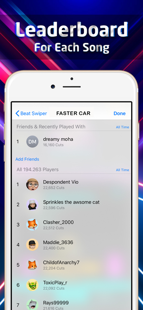 Beat Swiper - Una pantalla móvil que muestra la tabla de clasificación global y de amigos para una canción específica en el juego de ritmo Beat Swiper