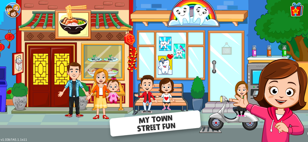 My Town : Street Fun - Cartoon characters and children posing in front of a restaurant and dentist office in My Town Street Fun