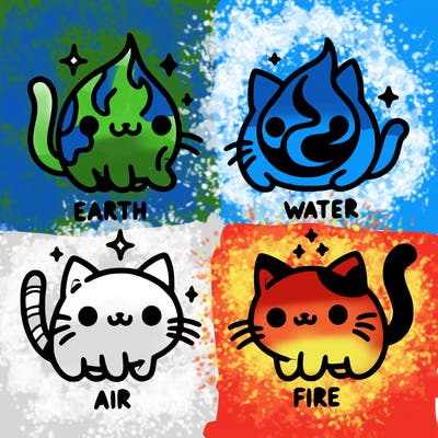 4 cats that represent the different elements, earth, water, air, and fire