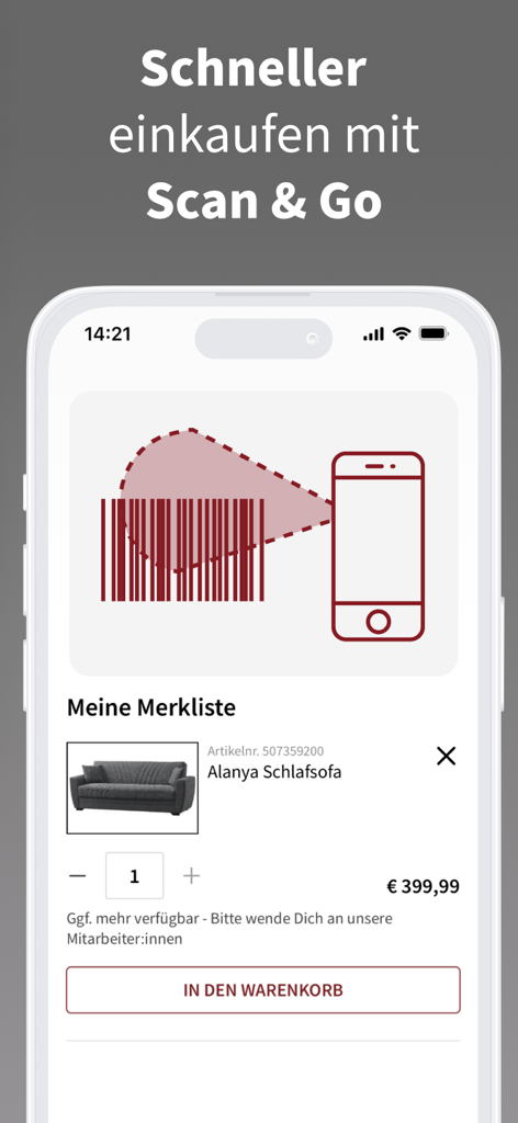 POCO I Möbel, Deko & Prospekte - POCO mobile app interface showing the Scan and Go feature with a wishlist including a sofa bed.