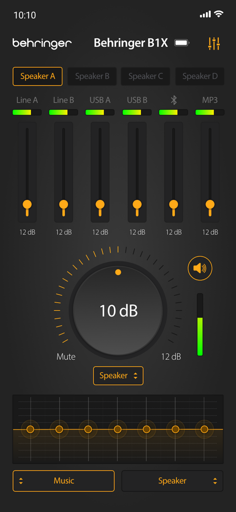 Show Mix - Show Mix app interface showing mixer sliders and volume dial for Behringer speakers