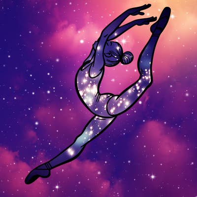 gymnast doing a leap in a leotard with a bent back leg