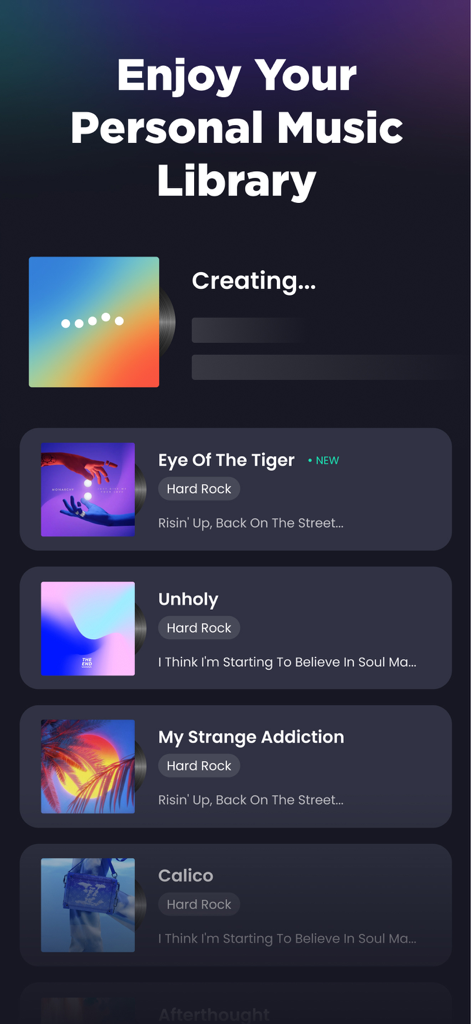 Musica - AI Music Maker - Interface of the Musica app showing a personal music library of AI-generated songs and a track in progress