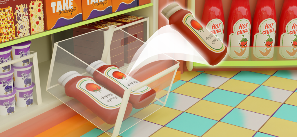 Un jugador organizando botellas de kétchup en un contenedor en el juego móvil Fill the Fridge Organizer.