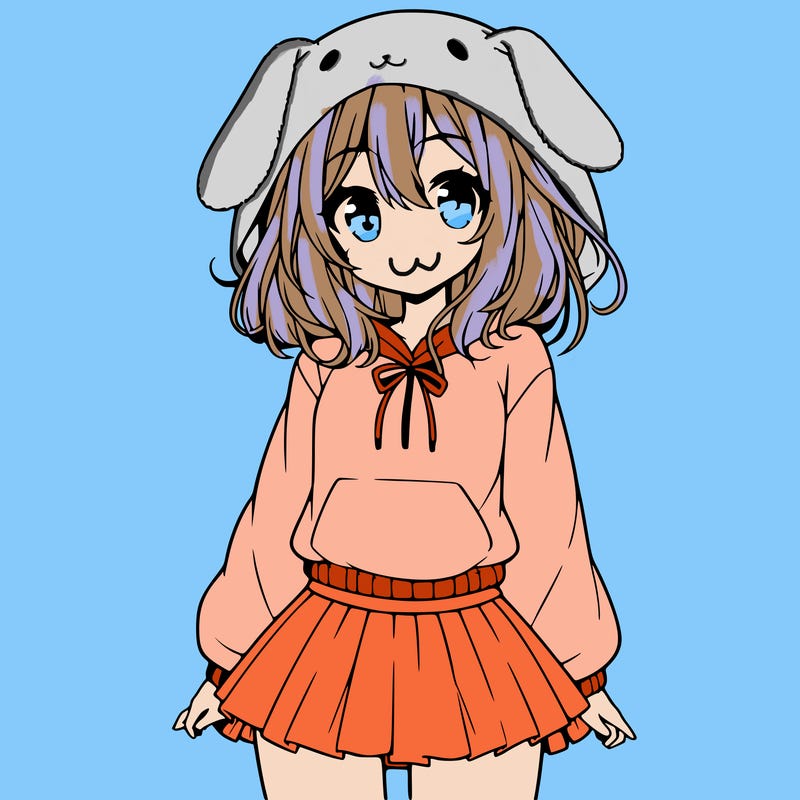 pretty anime girl wearing a fluffy hoodie with bunny ears on the hood and a skirt