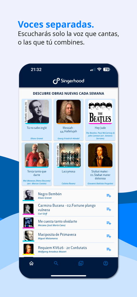 Singerhood - Smartphone screen of the Singerhood app showing a library of choral and classical music works for singing practice