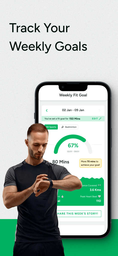 Playo - Sports Community App - Playo app interface showing weekly fitness goal progress and activity tracking metrics