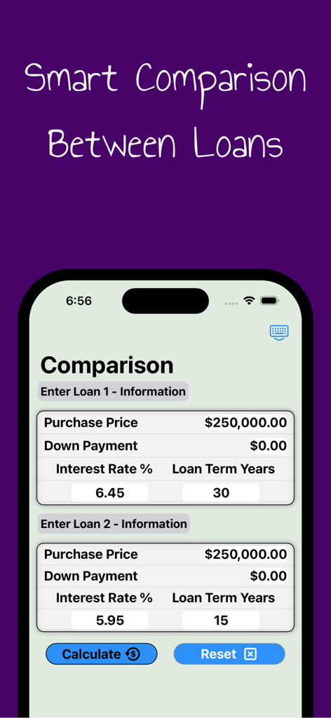 Smart Loan Calculator - Smart Loan Calculator interface for comparing two different loan options side by side