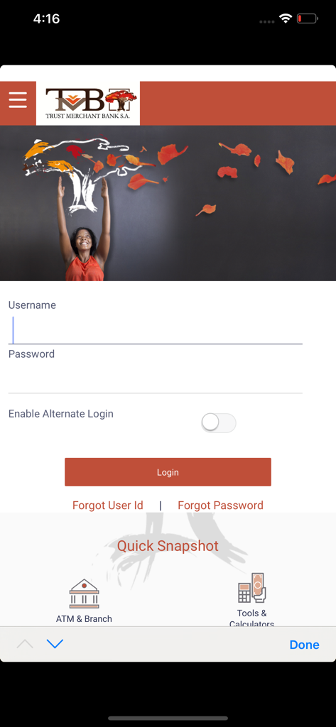 Écran de connexion de l'application mobile TMB NetBank avec champs pour nom d'utilisateur et mot de passe