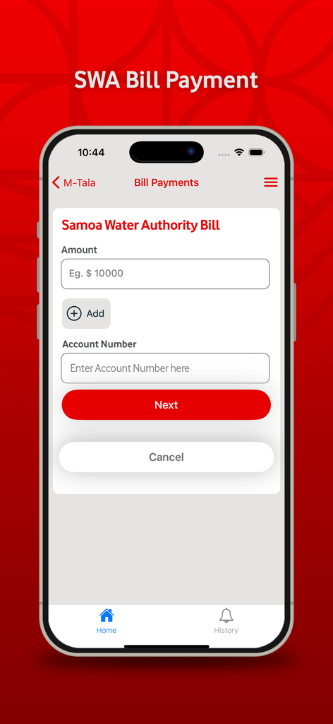 M-Tala - Interfaz de la aplicación M-Tala para pagar facturas de Samoa Water Authority