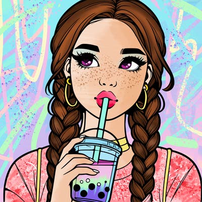 realistic girl with braided hair drinking boba