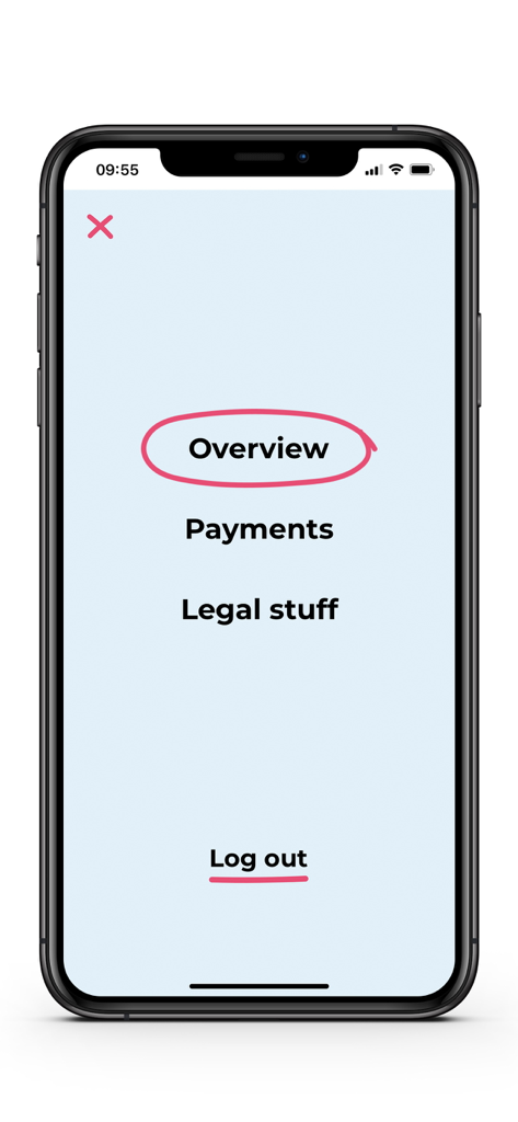 Lobster Mobile - Menú de navegación de la app Lobster Mobile mostrando opciones de Resumen, Pagos y Asuntos Legales en inglés