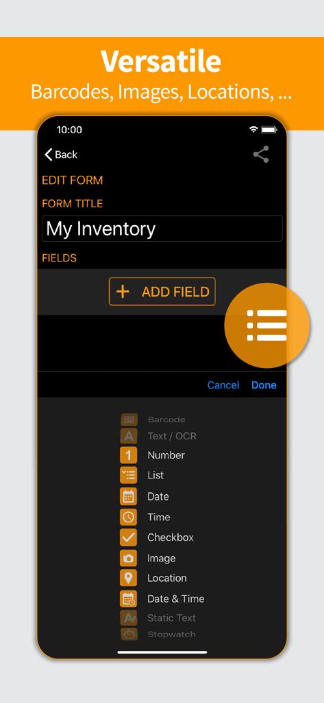 Scan-IT to Office - Interface of the Scan-IT to Office app showing a custom inventory form builder with field options for barcodes, images, and location data.