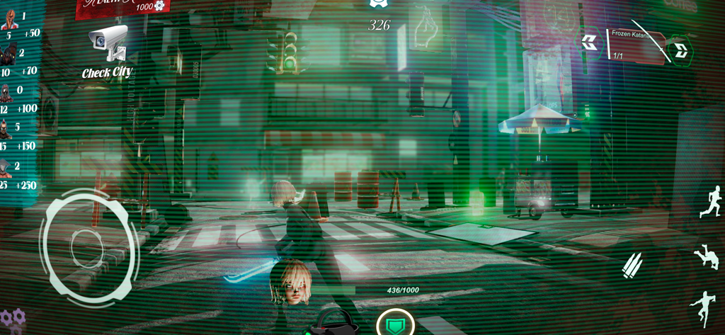 Cyber Night Neon City Arpg War - Female warrior with a blue katana in a neon-lit cyberpunk city street with a holographic UI overlay.