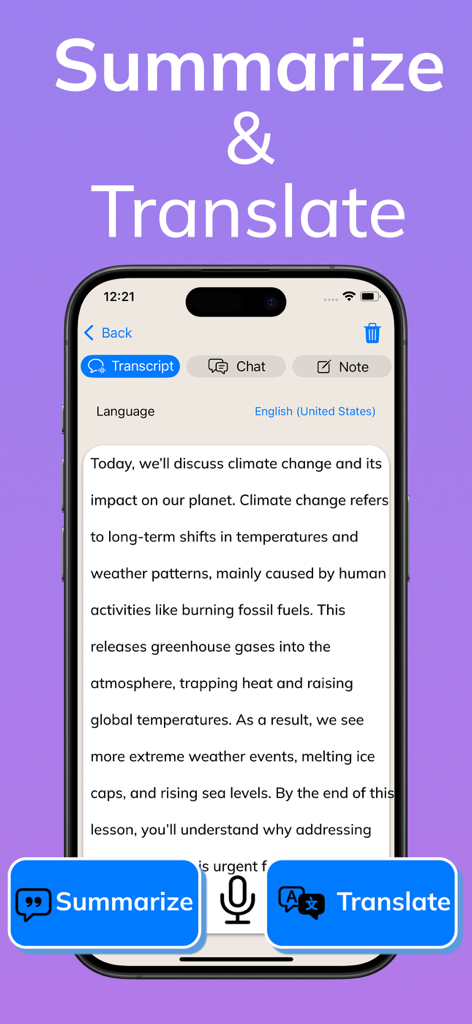 Whisper AI Voice to Text - Interface of Whisper AI app showing a transcribed text about climate change with summarize and translate options