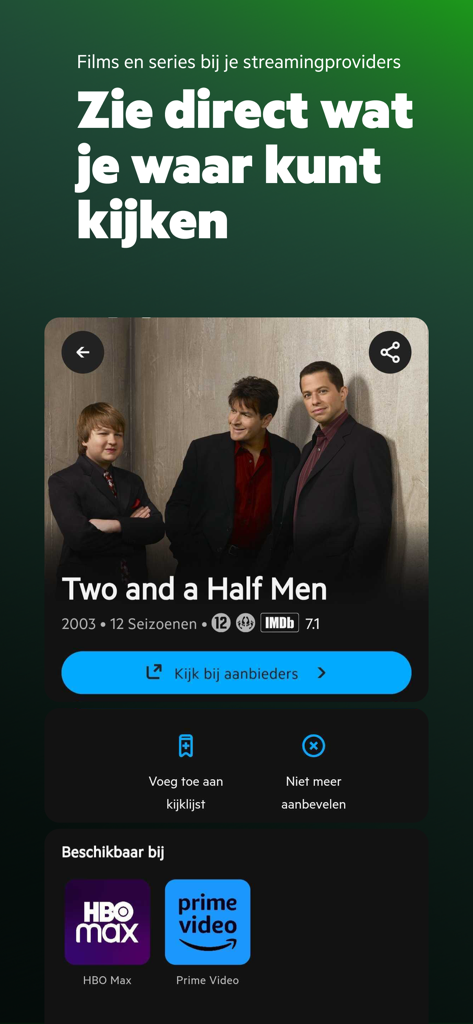 KPN TV+ App - Screenshot of the KPN TV+ app showing where to watch the show Two and a Half Men on HBO Max and Prime Video