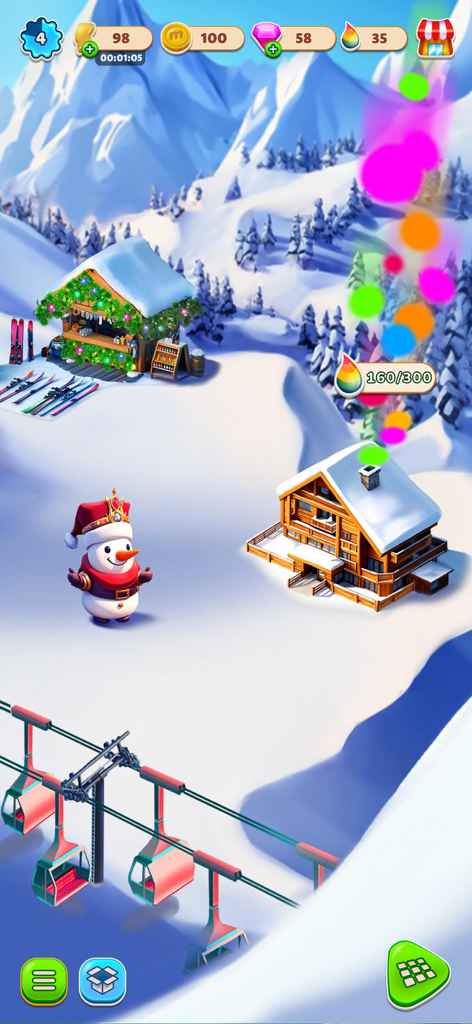 Summer Love: Merge & Story - A snowy ski resort landscape featuring a snowman and mountain chalets in the game Summer Love Merge and Story.