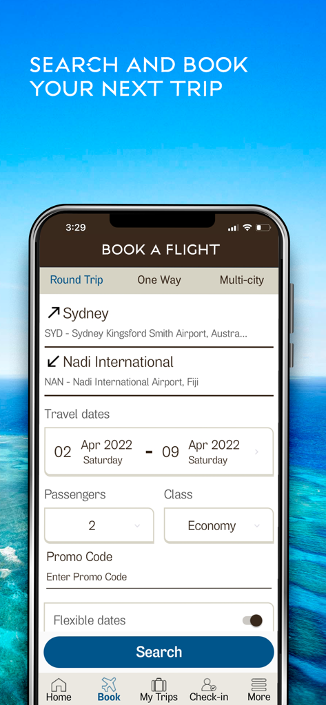 항공편 검색 및 예약을 위한 피지 항공 모바일 앱 인터페이스