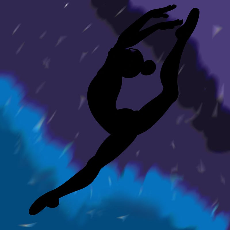 gymnast doing a leap in a leotard with a bent back leg