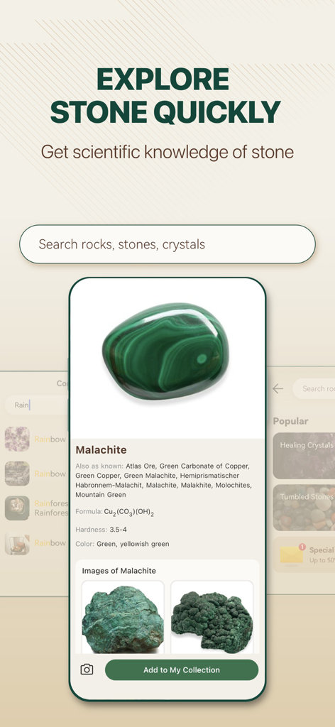Detailed scientific information and images for Malachite in the Rock Master identifier app