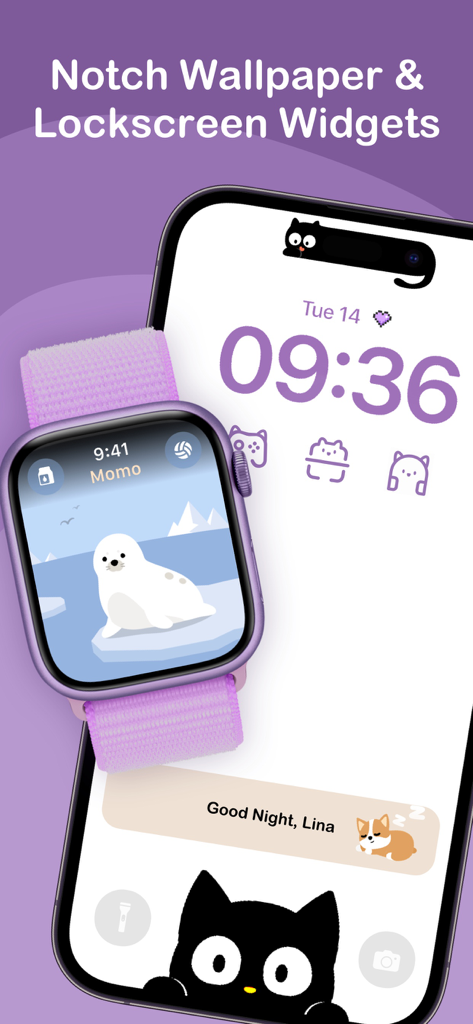 Cute pet: Self care pet widget - iPhone and Apple Watch showing cute animal widgets and custom notch wallpaper